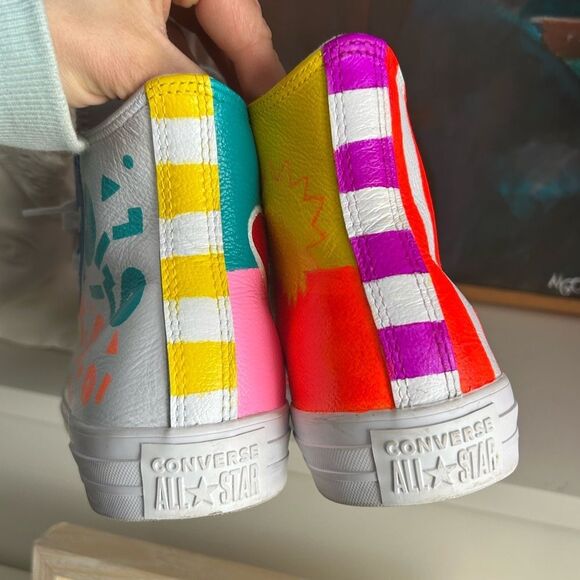 Converse Hand Painted Leather High Tops Trainers mens 6 / women’s 8 - Picture 12 of 16